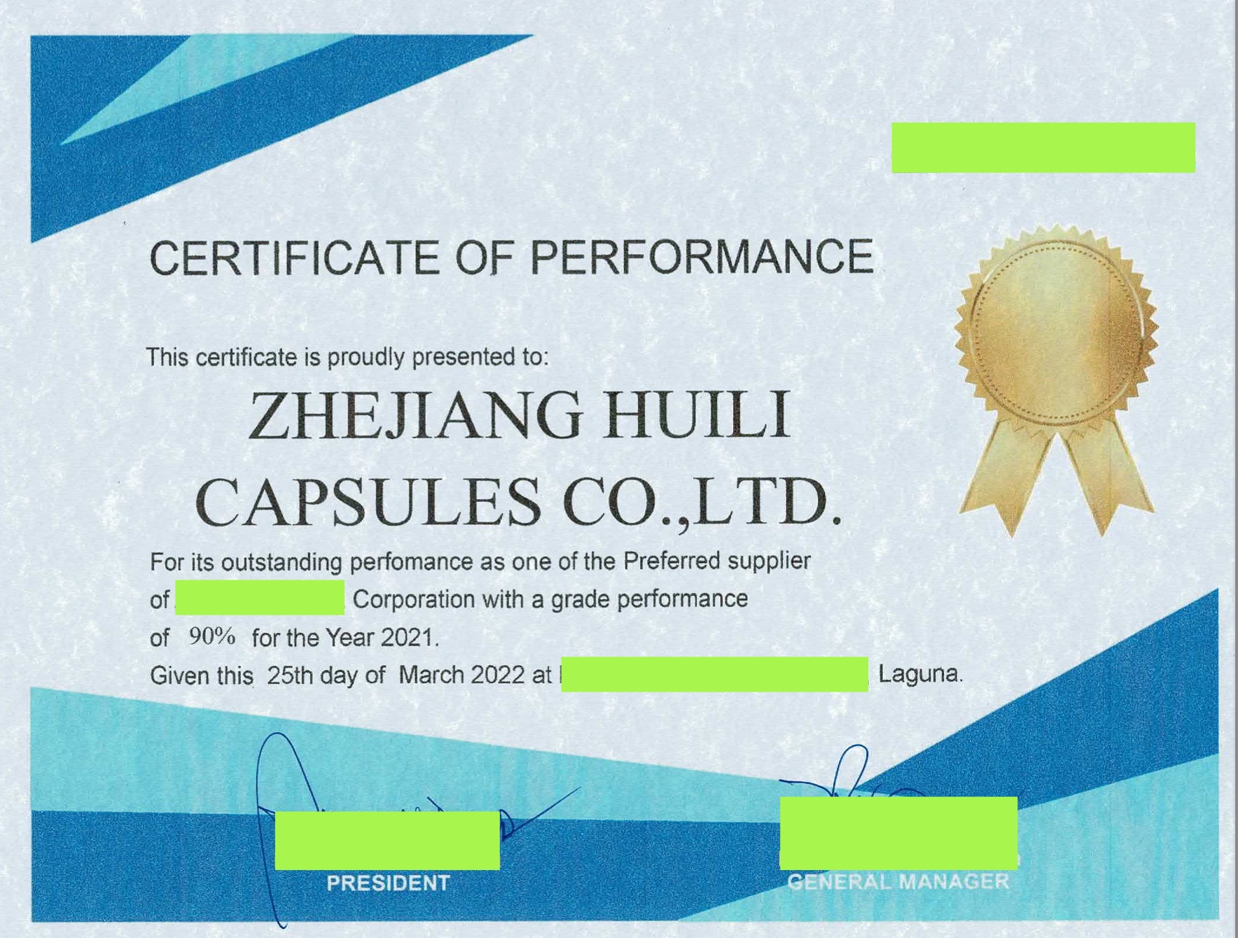 Certificate of Performance